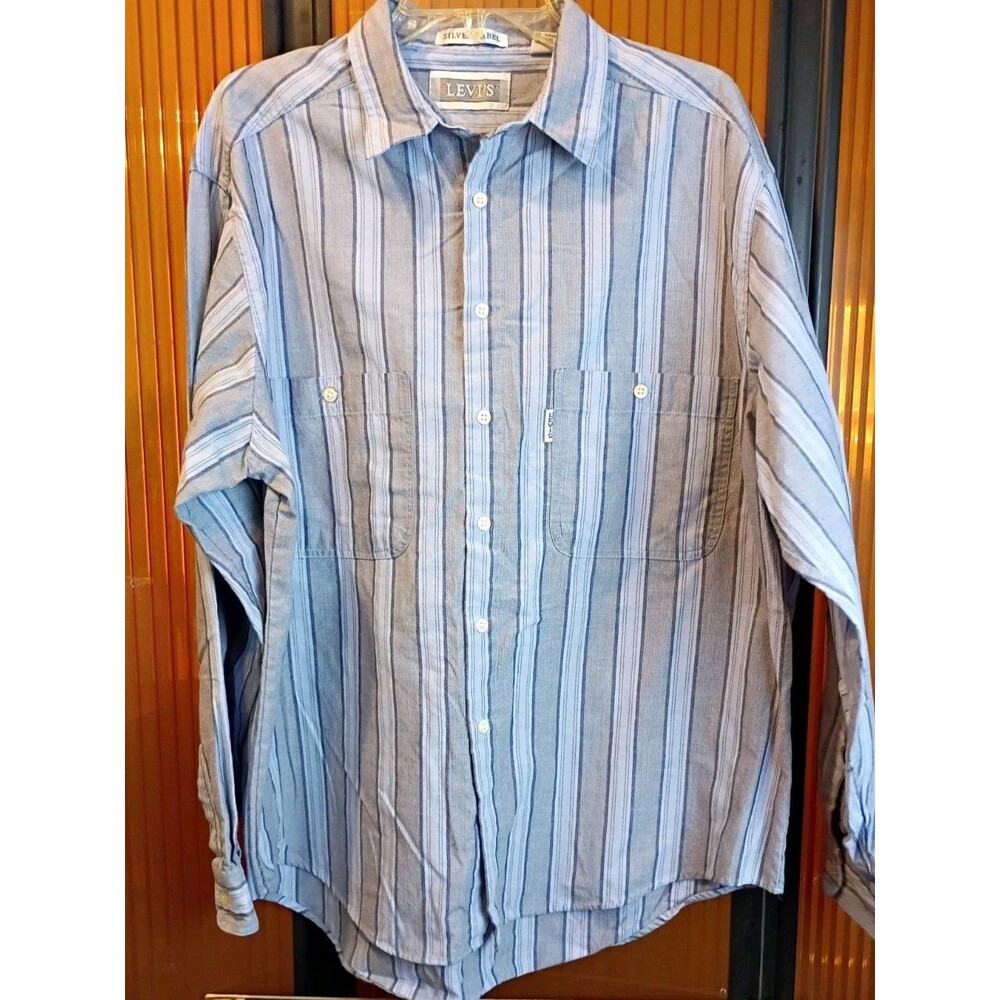Men Levis Shirt Size XL Silver Label Button Down Blue Gray Striped